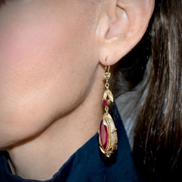 16k Solid Gold Victorian Inspired Marquises Earrings/Danglers - Picture 7 of 7